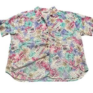 Vintage Tropical Floral German Ticket‎ Print Short Sleeve Button Down Shirt